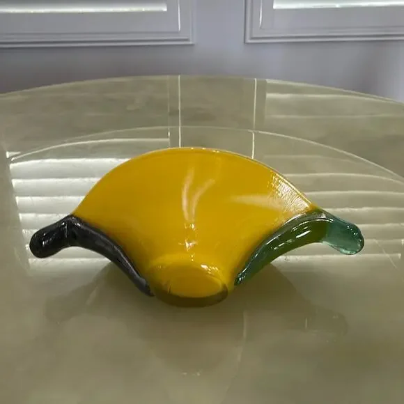 Handmade Blown Glass Vase Candy Bowl Yellow Iridescent